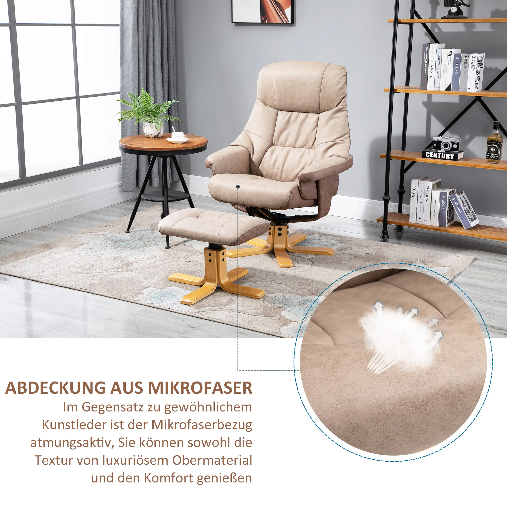 HOMCOM Relaxsessel mit Holzfuß und Hocker braun 78L x 82,5B x 109H cm