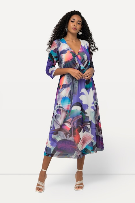 Meshkleid, Blüten, Wickeloptik, V-Ausschnitt, 3/4-Arm