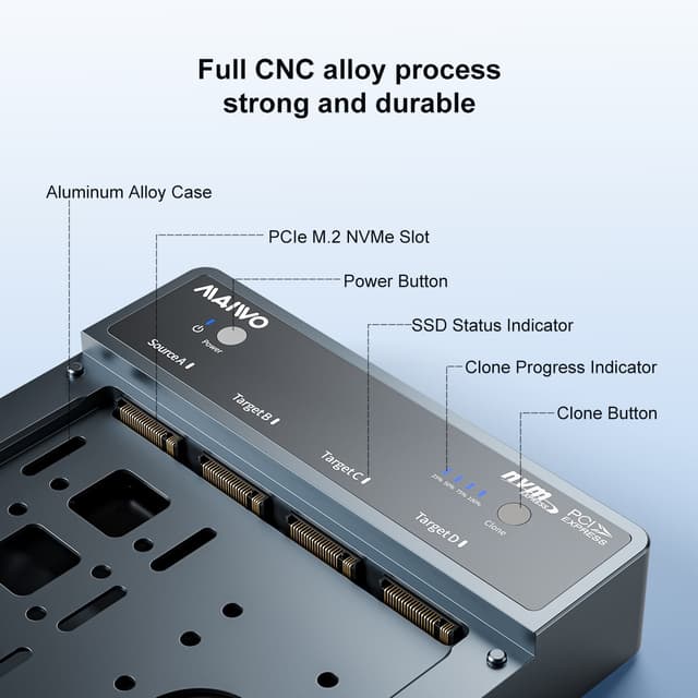 Maiwo 4-slot M.2 NVMe SSD dockingstation med kloningsfunktion, USB 4.0 Type-C 40Gbps