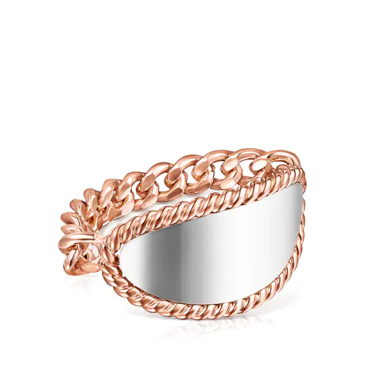 Anel com banho de ouro rosa 18k sobre prata e prata com medalhão oval TOUS Minne