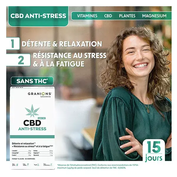 Granions CBD Anti-Stress - Cannabidiol + Ashwagandha - Sans THC - 30 Comprimés
