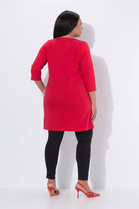 Longshirt, Zierbänder, A-Linie, V-Ausschnitt, 3/4-Arm, rot