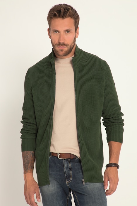 Strickjacke, kerniger Rippstrick, Stehkragen, Zipper