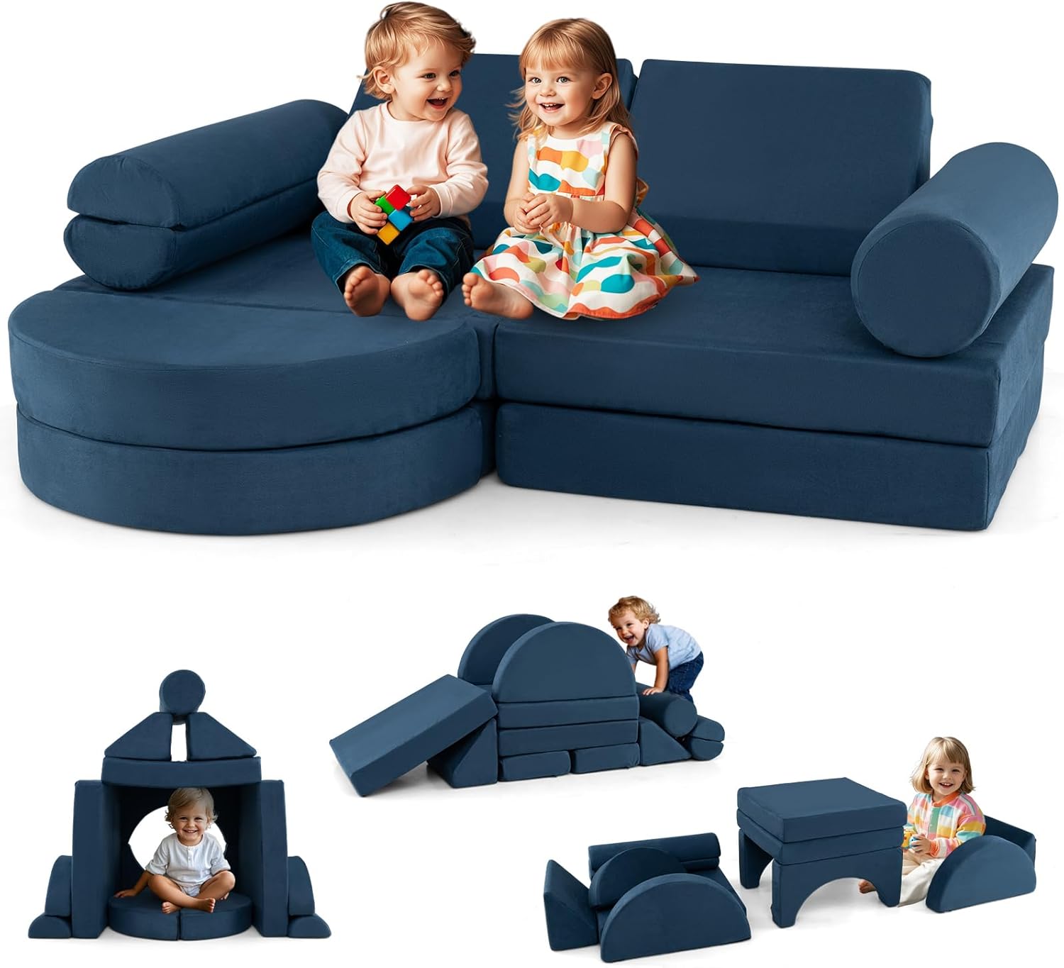 COSTWAY 14 teiliges modulares Kindersofa, Spielsofa aus Schaumstoff, Bausteine-Sofa zum Klettern & Krabbeln, Kinderspielcouch ausklappbar für Kinderzimmer, Spielzimmer (Marineblau)