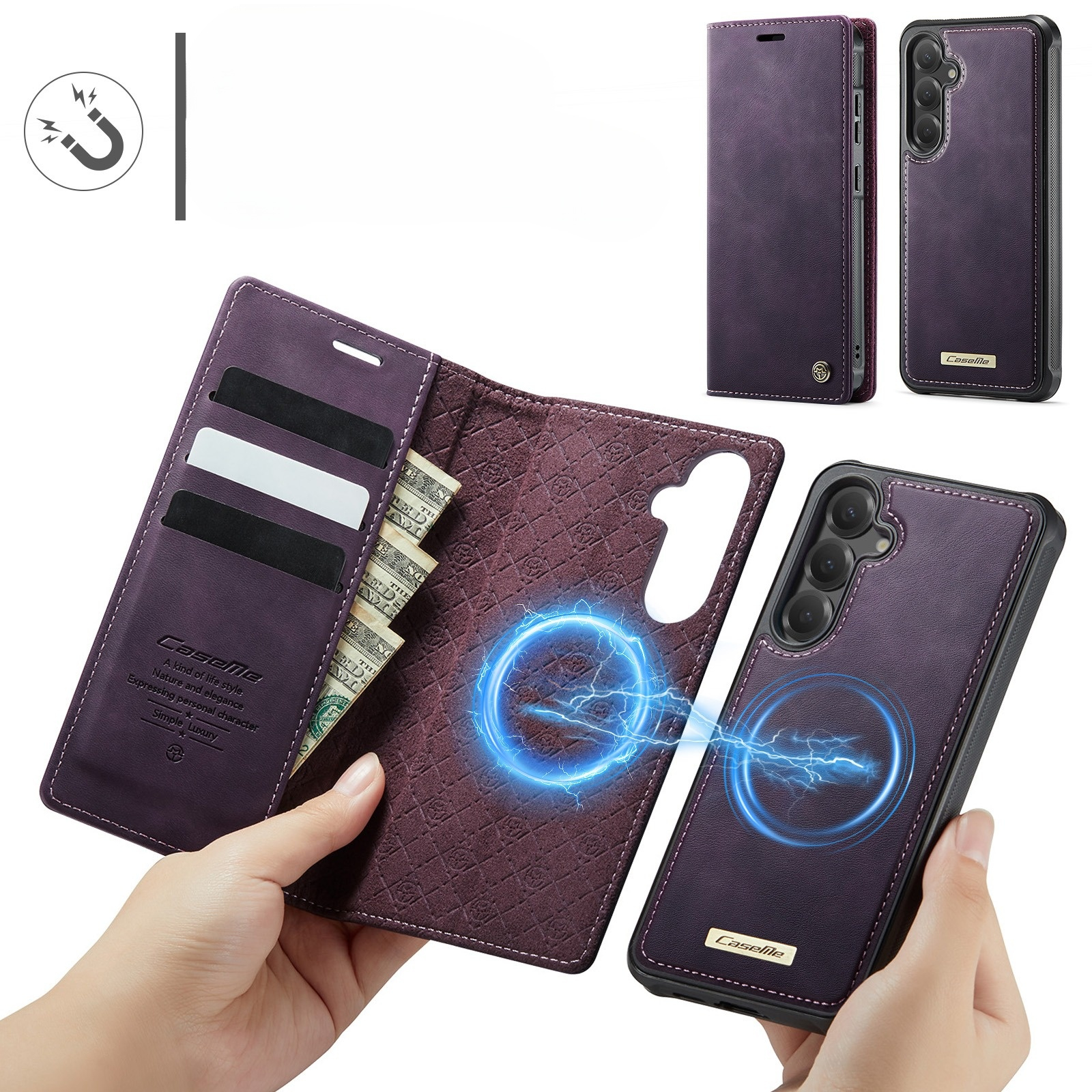 Samsung Galaxy S24 FE 2in1 Leder Tasche   Magnet Hardcase Karten Etui MagSafe-Modul (RFID Schutz) - Lila
