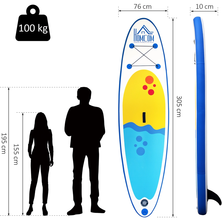 HOMCOM Aufblasbares Surfbrett mit Paddel weiß, blau