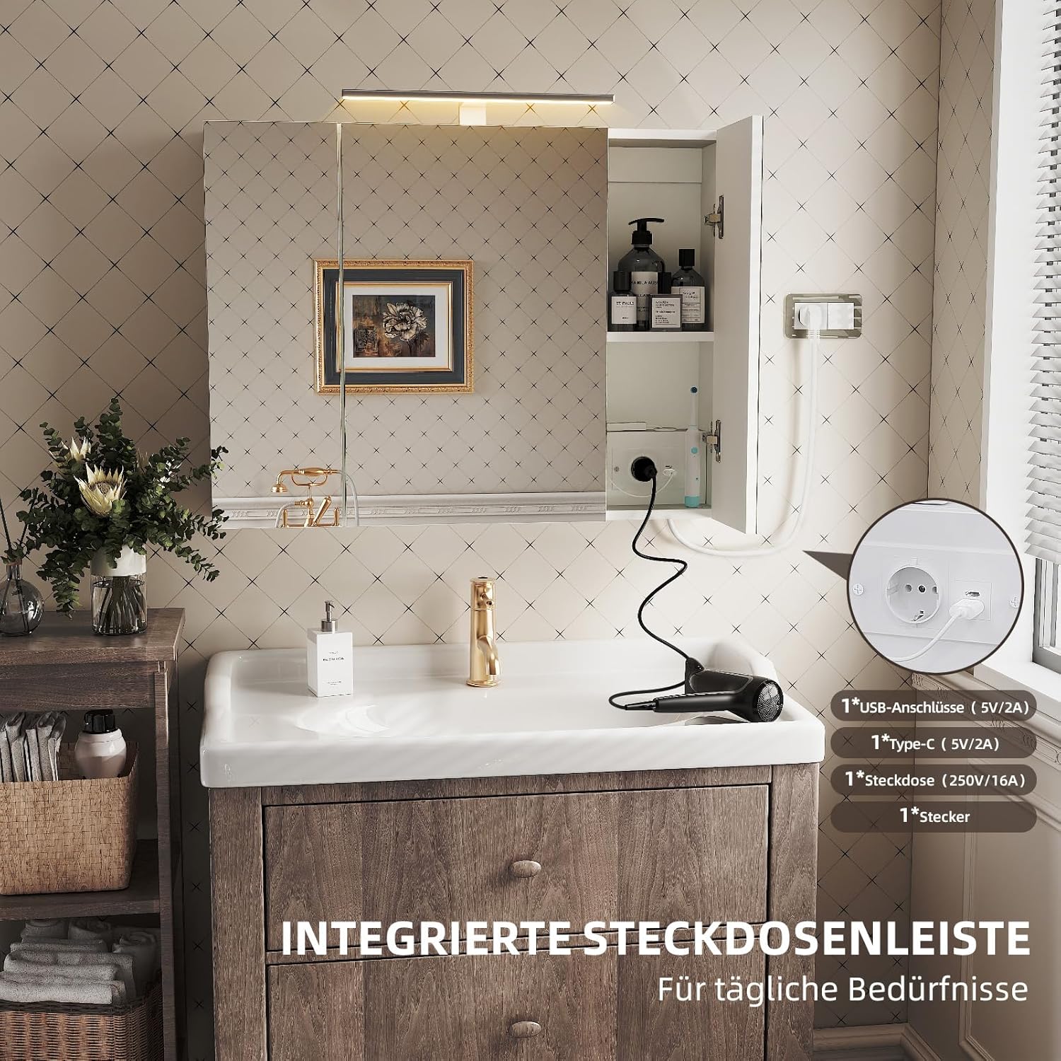 Spiegelschrank für Bad mit Beleuchtung 80x60 cm 3 Türen Badezimmerspiegel mit Steckdose höhenverstellbare Einlegeböden Wandspiegel mit Stauraum Badschrank mit Spiegel für Badezimmer (80x60cm)