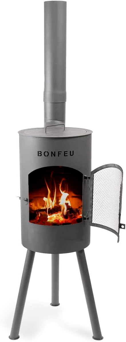 BonFeu Bongiano SP Schwarz - Terrassenofen - Feuerstelle mit Funkenschutz für entspannte Abende - Feuersäule Outdoor - Terrassenkamin mit Grillrost - Gartenofen aus hochwertigem Stahl - 30x30x142cm