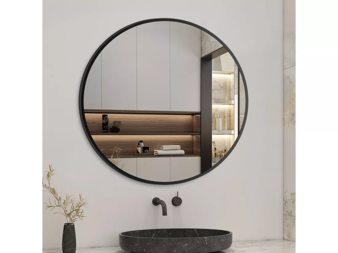 Miroir Mural de Salle de Bain Rond noir 80cm, cadre en aluminium miroir Aica