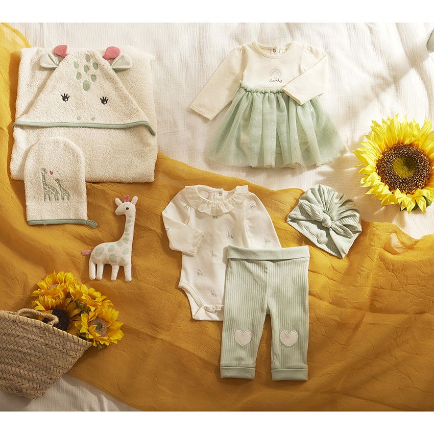 Ensemble 3 pièces avec turban côtelé pour bébé fille - Vert