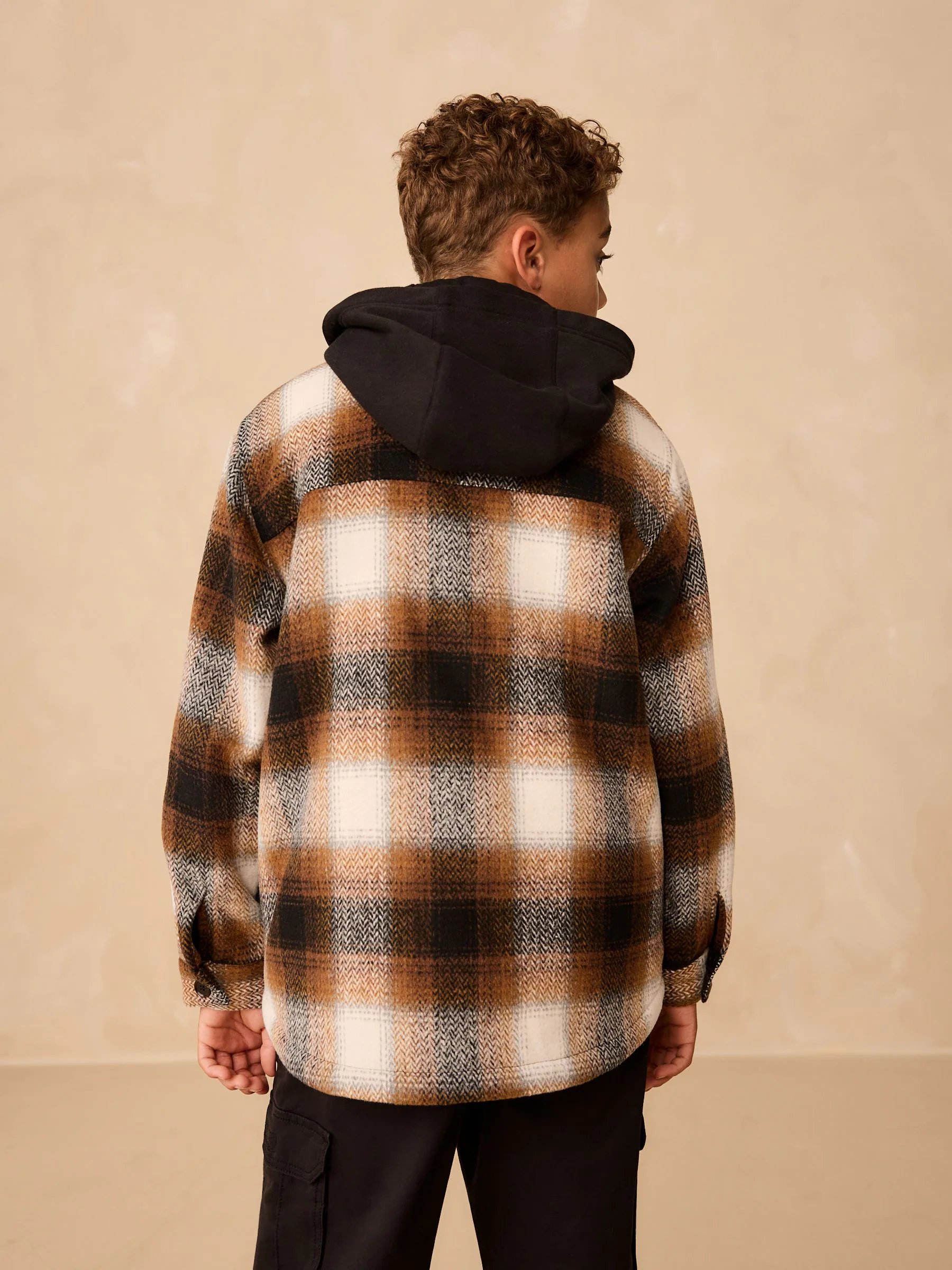 Roestbruin - Borg gevoerde Ruit Overshirt Met capuchon (3-16jr)