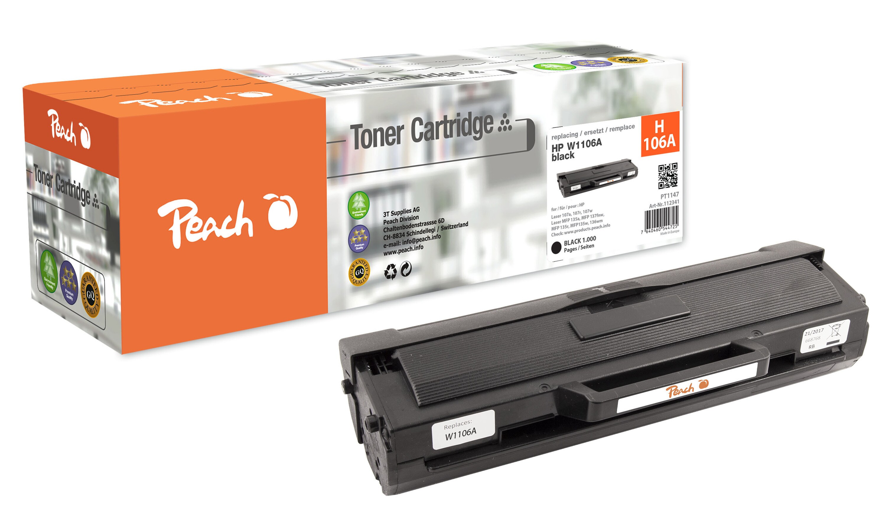 Peach HP 106 A Toner bk ersetzt HP No. 106A, W1106A für z.B. HP Laser 107 a, HP Laser 107 r, HP Laser 107, HP Laser 107 w, HP Laser MFP 130 (wiederaufbereitet)