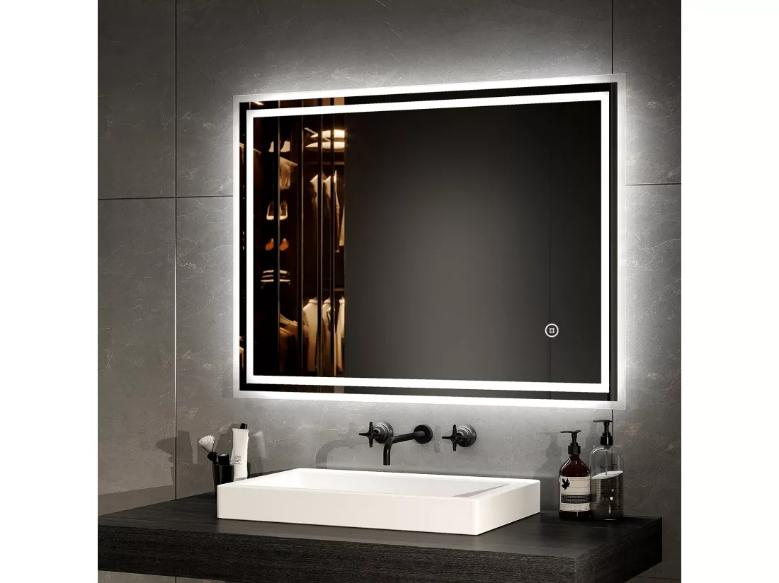EMKE Miroir lumineux salle de bain 80x60cm, Miroir avec éclairage, Interrupteur tactile, Miroir LED Lumière Blanche Froide