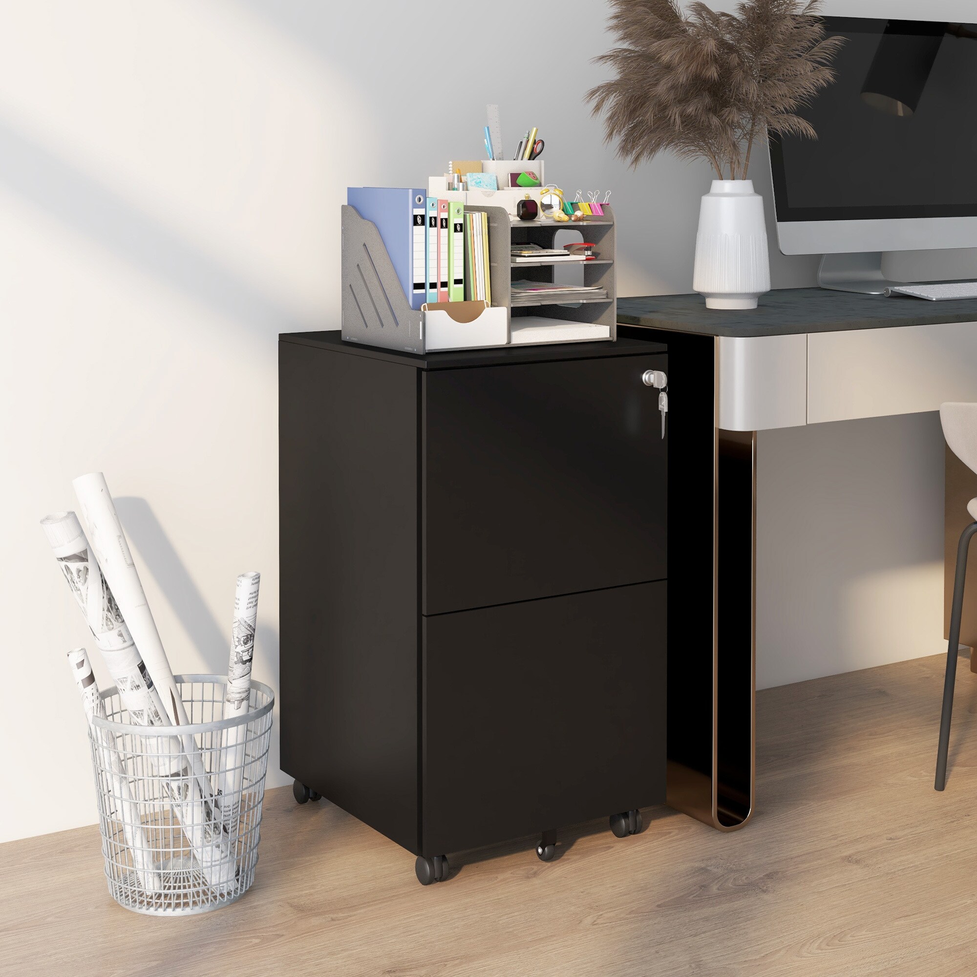 Vinsetto Rollcontainer mit 2 verschließbaren Schubladen schwarz 37L x 43,5B x 67,5H cm