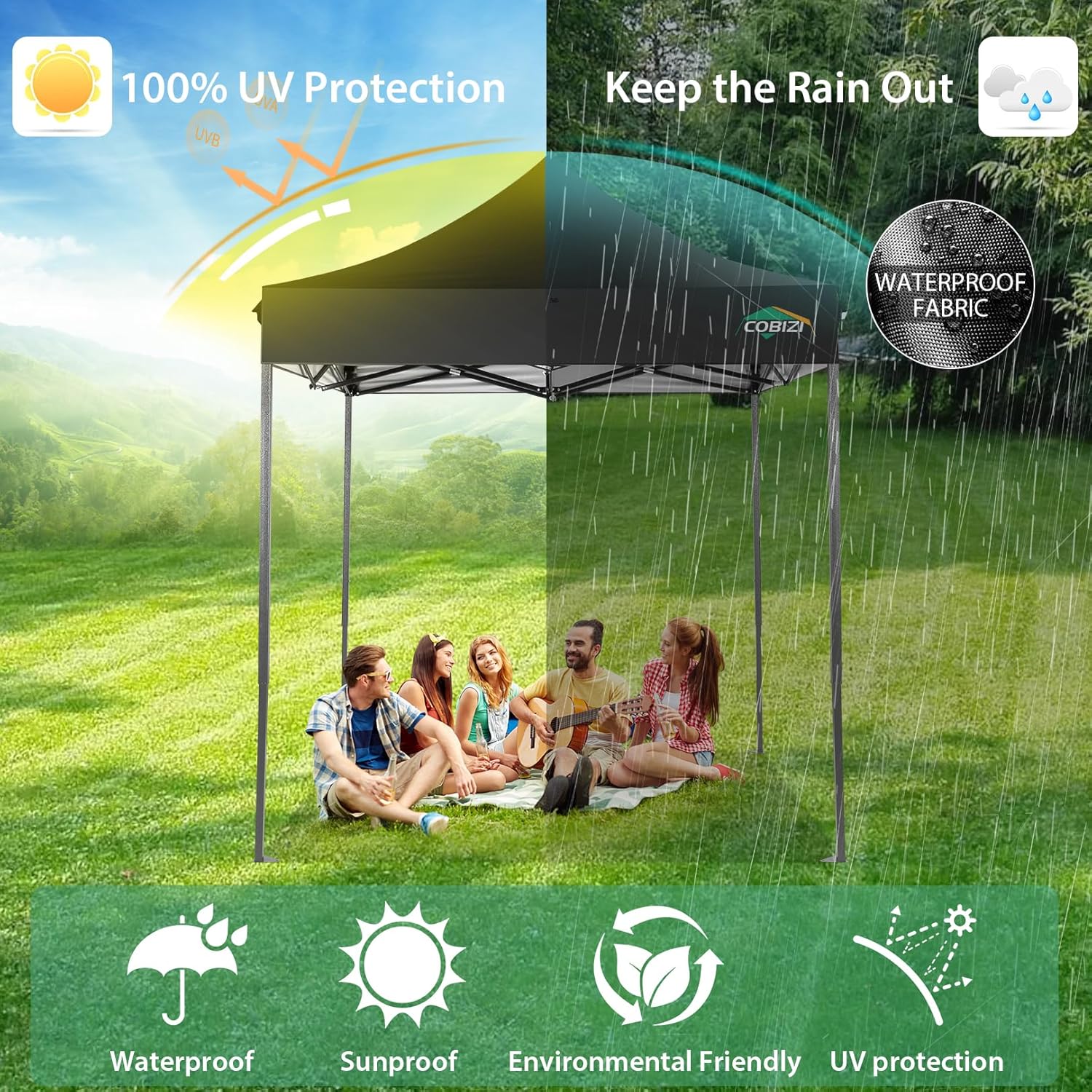 COBIZI Faltpavillon 2x2 Wasserdicht Stabil Winterfest ohne Seitenwand,Pop Up Pavillon Partyzelt,Sonnenschutz Gartenpavillon,Pavillon Faltbar mit Handtasche(2 mal 2m Schwarz)