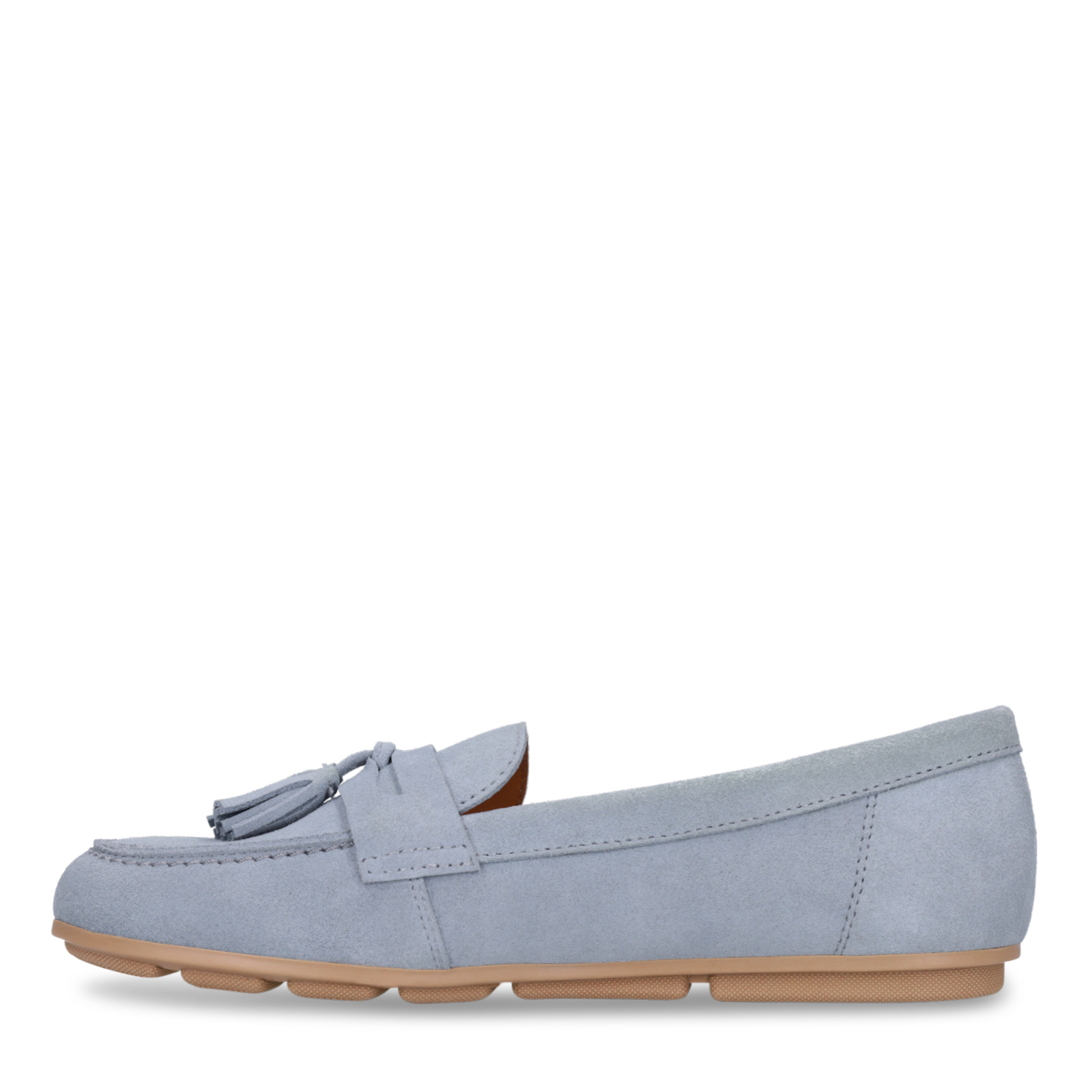 Blauwe suède loafers met franjes