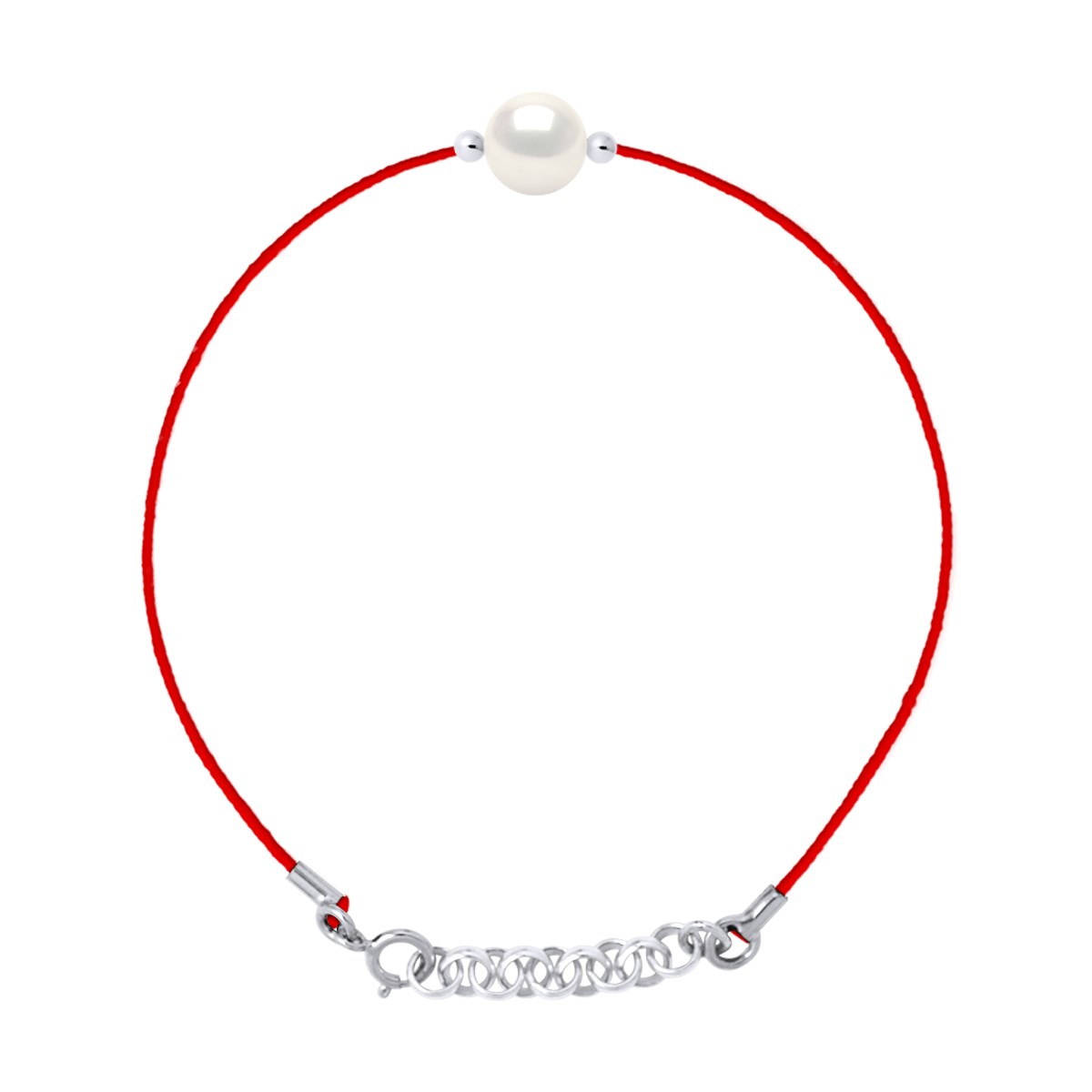 Bracelet LOVE LINK Perle d'Eau Douce Ronde 9-10 mm Blanche Lien Nylon Rouge Argent 925