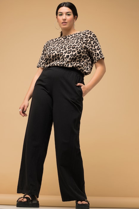 Leinenmix-Hose, Wide Legs, HighWaist, Elastikbund