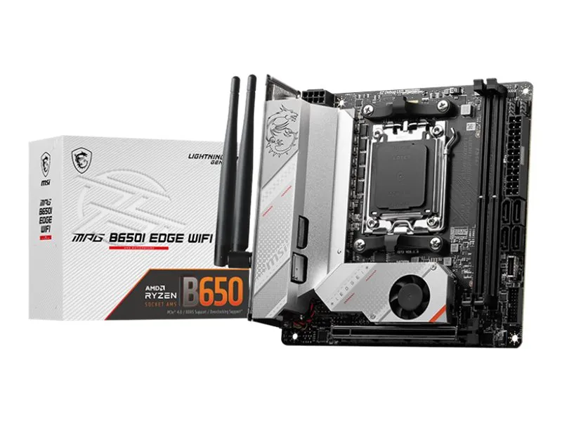 MSI MPG B650I EDGE WIFI - Bundkort - mini ITX - Socket AM5 - AMD B650 Chipset - USB 3.2 Gen 2, USB-C 3.2 Gen2, USB 3.2 Gen 1, USB-C 3.2 Gen 2x2 - 2.5 Gigabit LAN, Wi-Fi 6, Bluetooth - onboard grafik (CPU påkrævet) - HD Audio (8-kanaler)