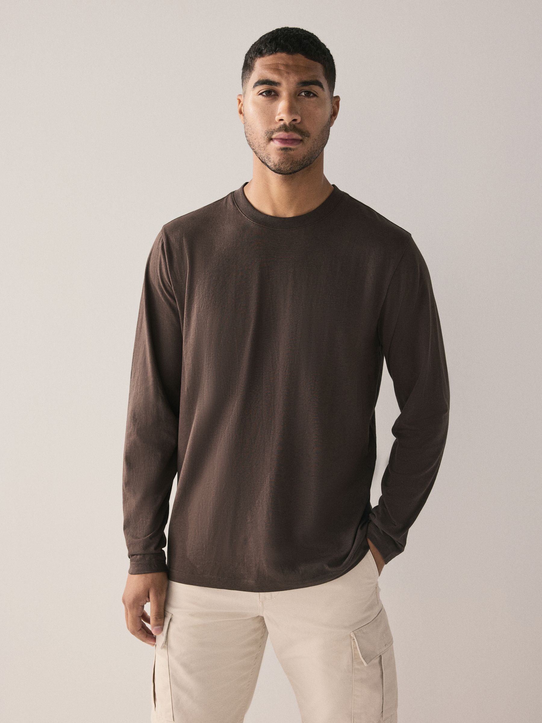 Bruin gemêleerd - Normale Pasvorm - T-shirt met lange mouwen en ronde hals