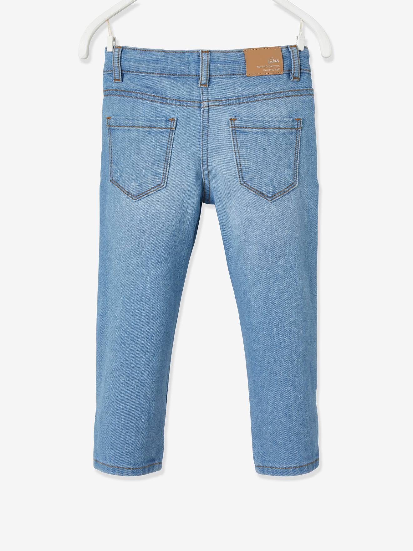 Calça jeans cropped com bordado floral, para meninas, azul médio.