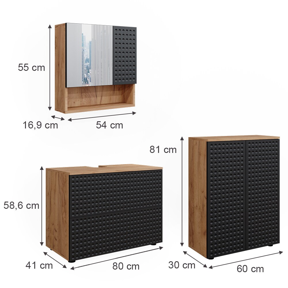 Vicco Badmöbel-Set Irma Eiche Anthrazit 3-teilig Kommode Waschbeckenschrank 80 cm