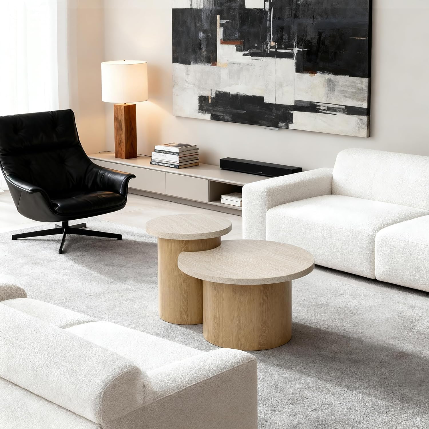 Couchtische Holz 2er-Set Rund, Moderner Runder Beistelltische, Kaffeetisch– in Steinoptik & Holzoptik fürs Wohnzimmer