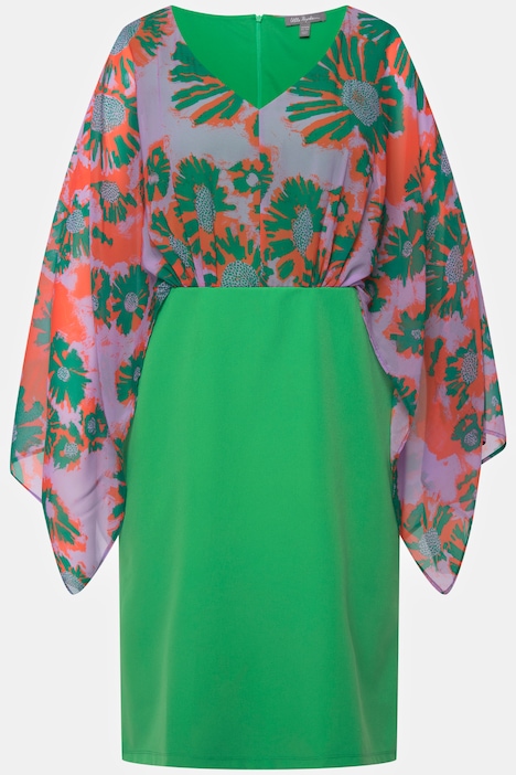 Midikleid, Chiffon-Büste, Blätter, V-Ausschnitt, Langarm