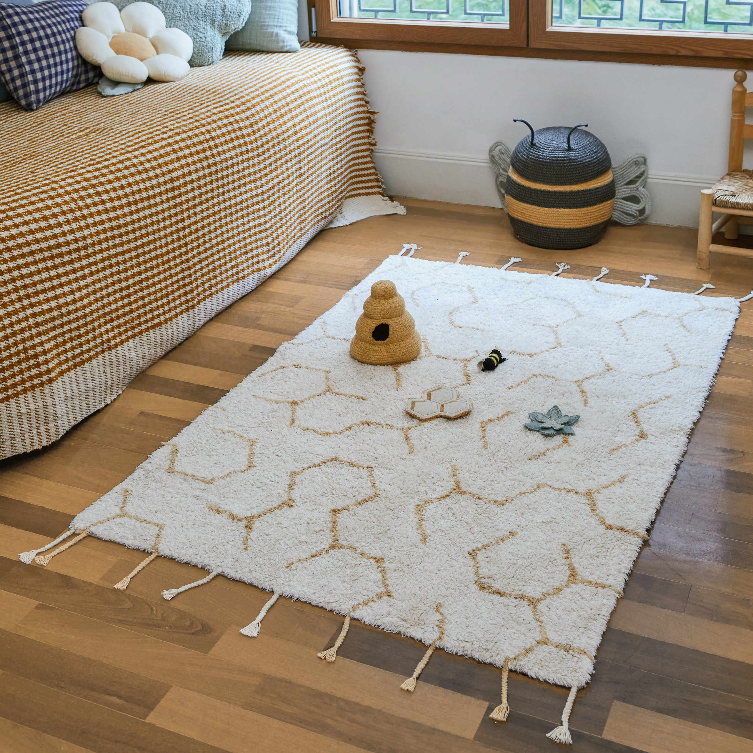 POLLINATION - Tapis rectangulaire lavable en coton | Beige
