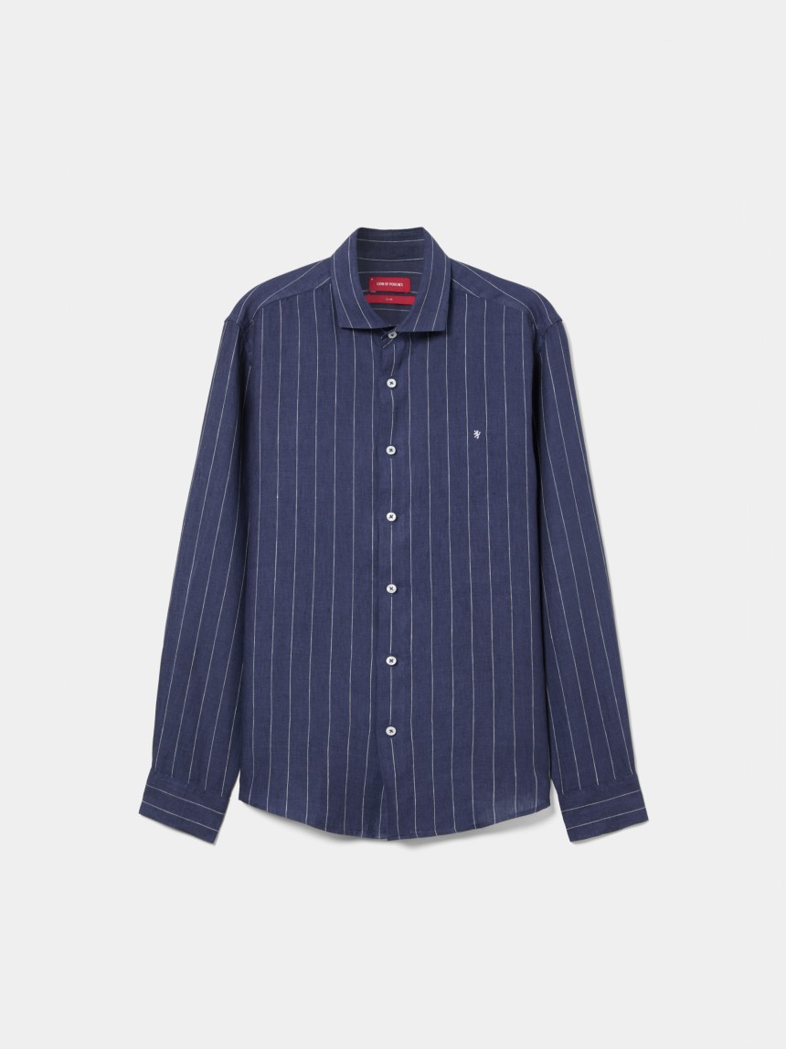 Camisa slim fit em linho às riscas