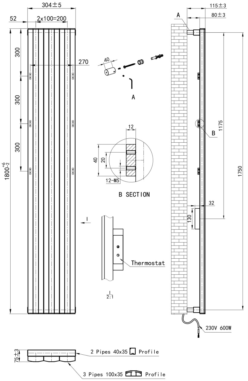 Eastbrook Derwent elektrische paneelradiator 30x180cm 600W antraciet