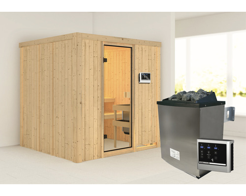 Karibu Marleen modulaire sauna inclusief 9 kW kachel en externe bedieningseenheid, zonder dakrand, met bronzen volledig glazen deur