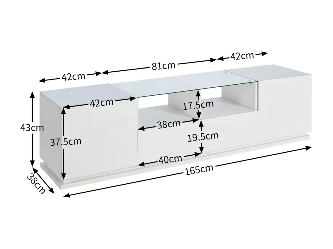 Meuble TV brillant 165x38x43cm, avec étagères en verre, 2 tiroirs et deux portes, LED, BLANC