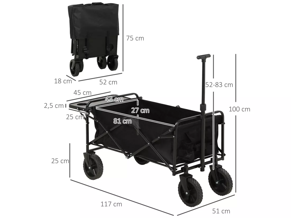 Chariot de jardin pliable 4 roues poignée télescopique réglable rangements noir