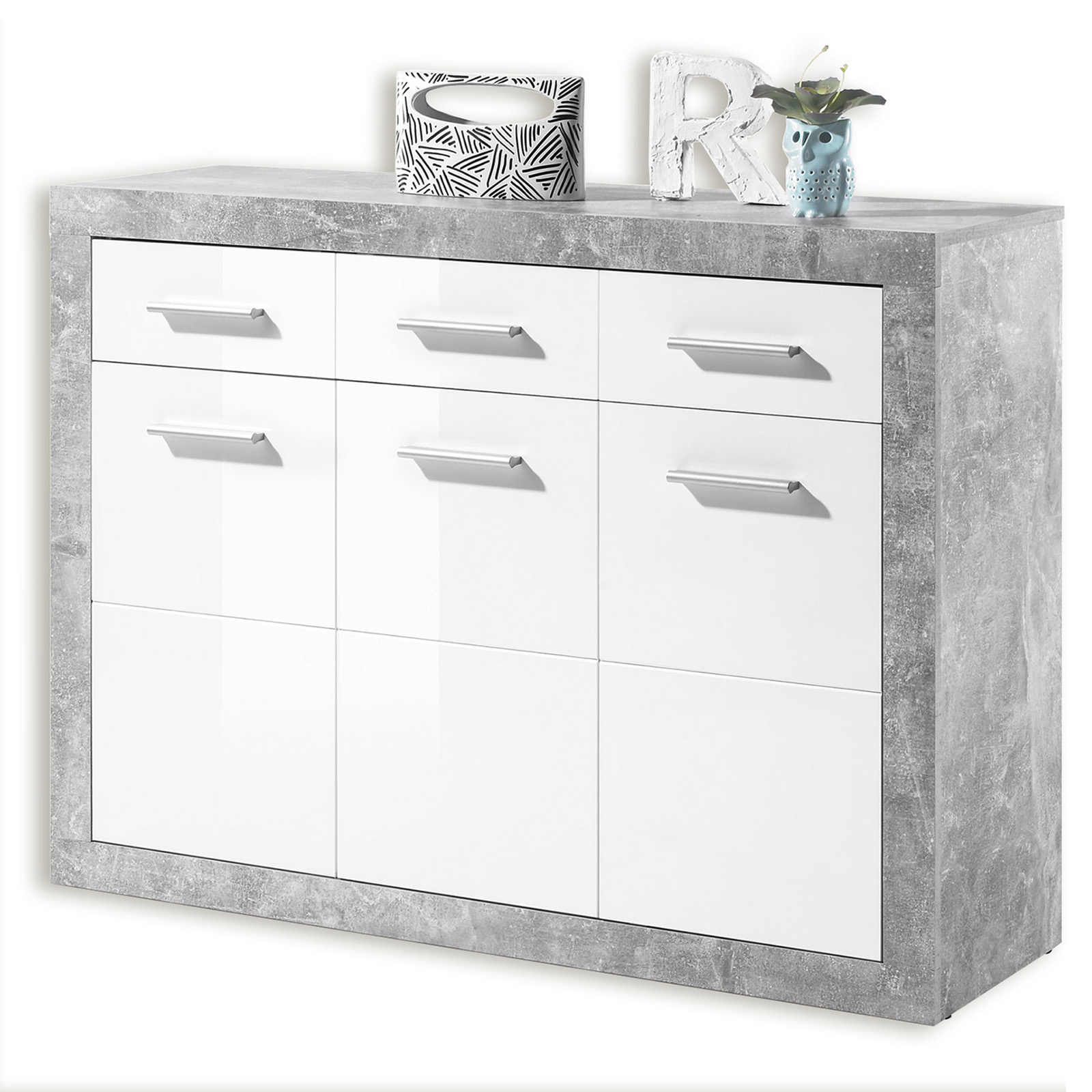 Kommode - Beton - weiß Hochglanz - 117 cm breit