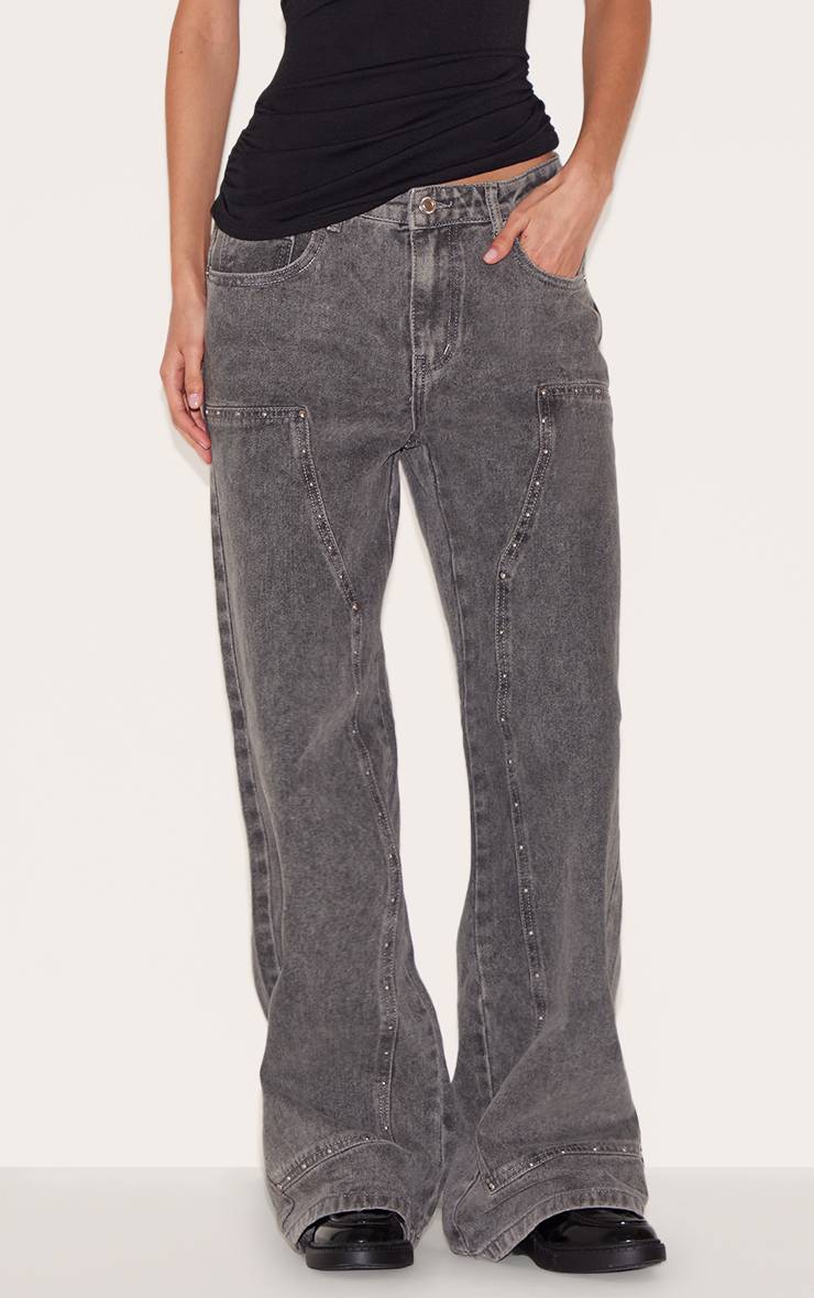Gris Jean Large À Détails Cloutés Et Empiècements Western