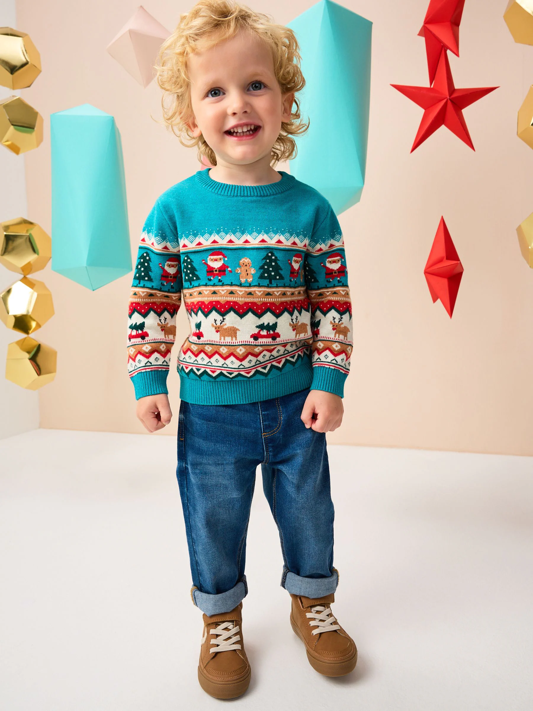 Blauwgroen fairislemotief - Gebreide kersttrui (3 mnd-7 jr)
