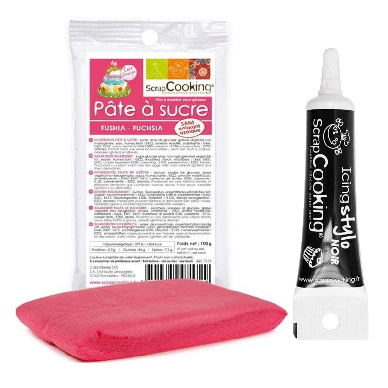 Pâte à sucre fuschia 100 g + Stylo de glaçage noir Scrapcooking