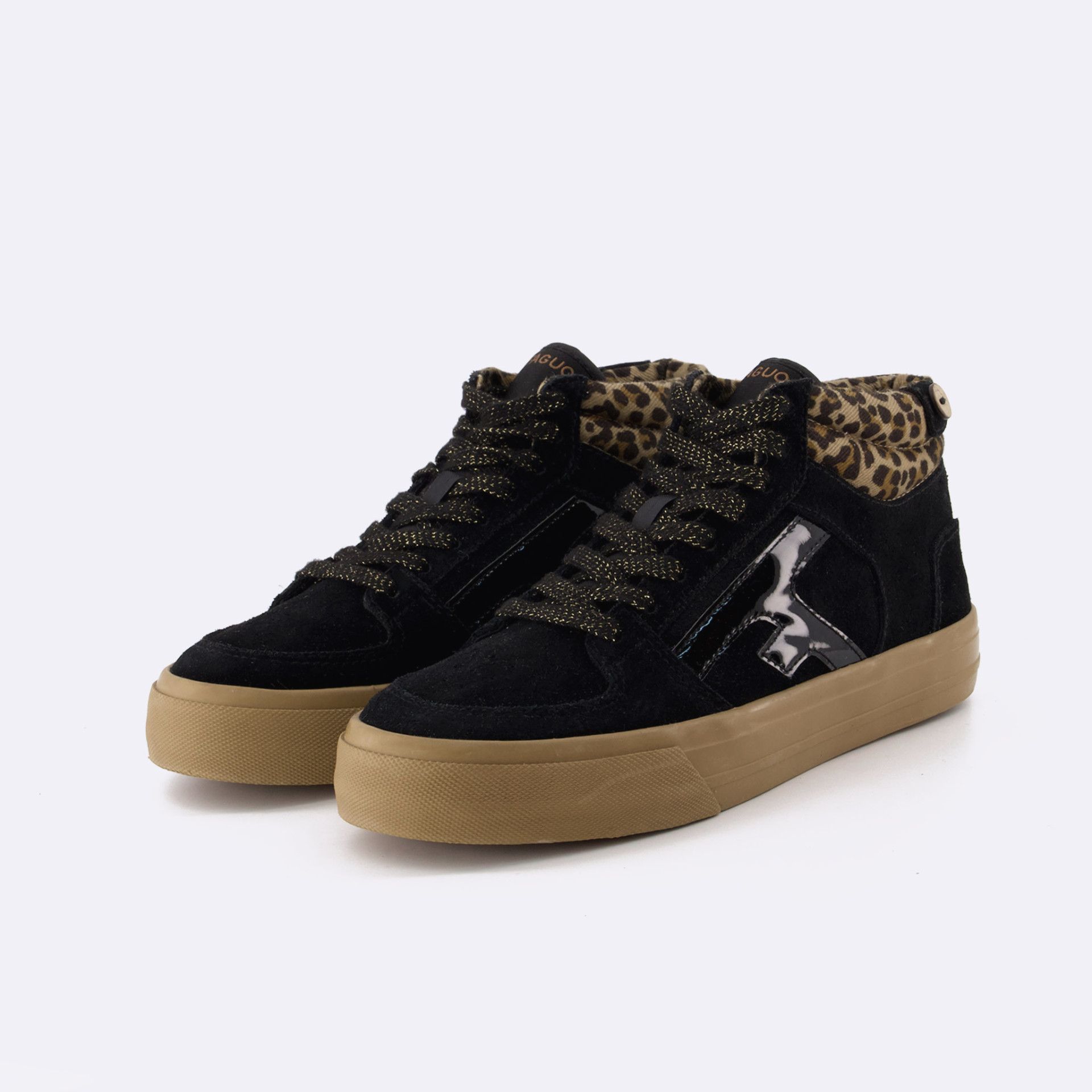 Tennis noire & léopard suède et coton recyclé - modèle Walnut mid