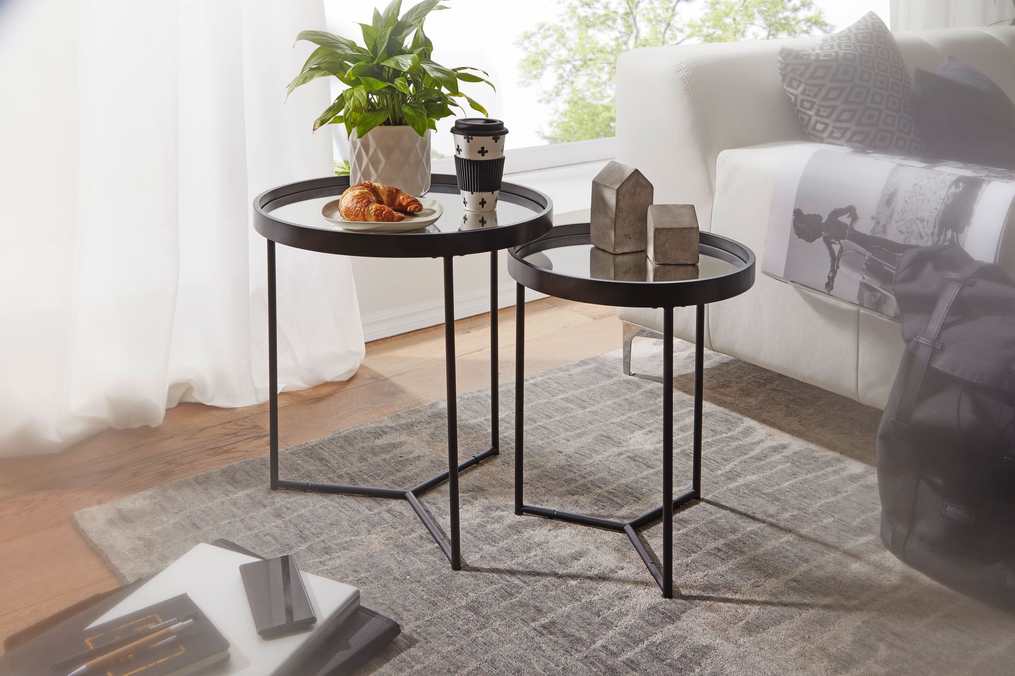 FineBuy Beistelltisch 2tlg Rund Schwarz Spiegel Glas Wohnzimmertisch Satztisch