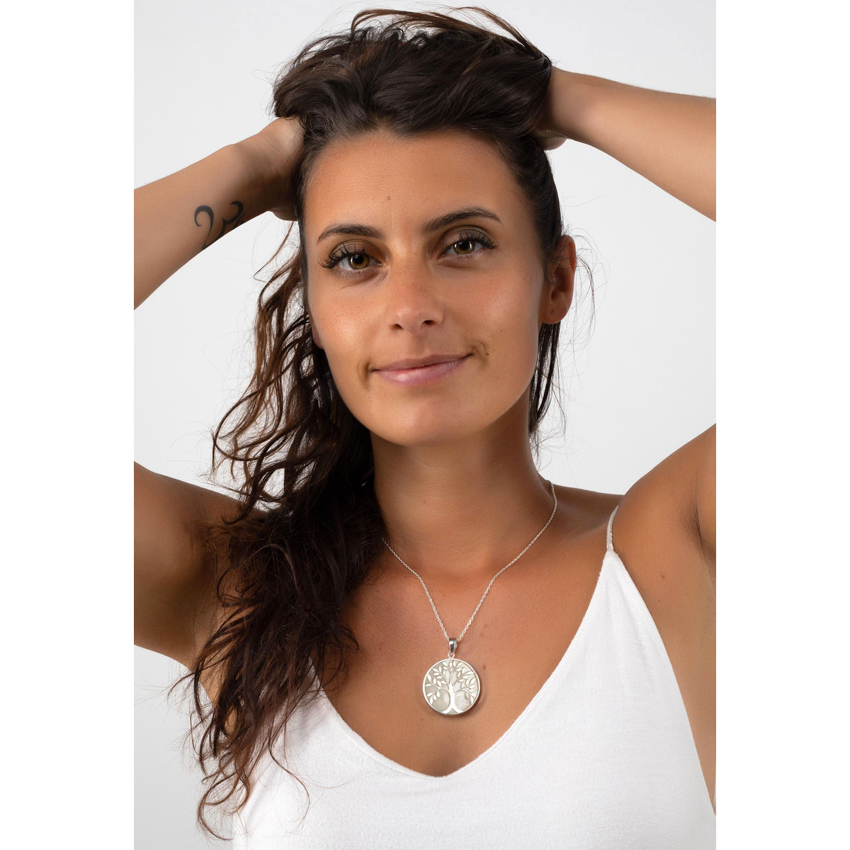 Cadeau bijoux symbole Arbre de vie Pendentif Nacre blanche Argent  rhodié rond femme