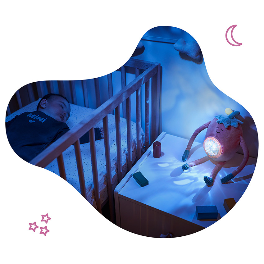 Veilleuse & berceuse en peluche Barnabé la fraise