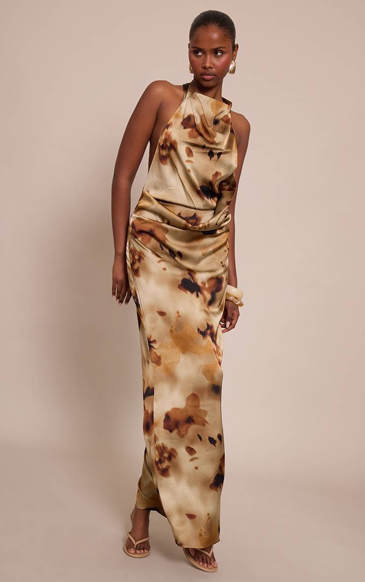 Vert Robe Longue Col Bénitier En Satin À Imprimé Abstrait Ombré