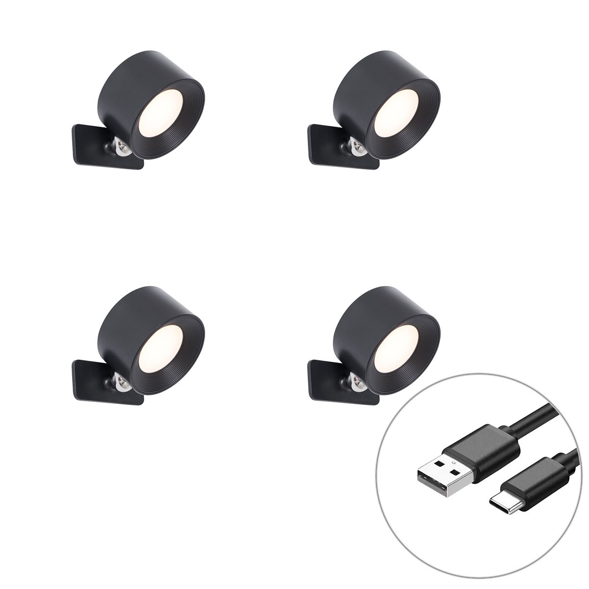 Set van 4 moderne wand- plafondlampen zwart incl. LED oplaadbaar - Bright