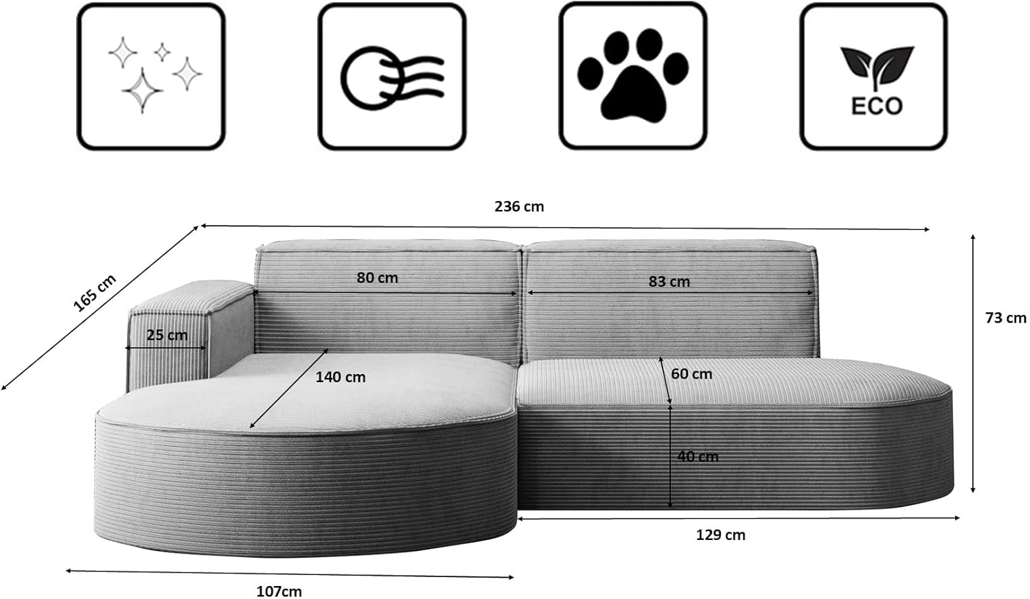 Kaiser Möbel - Ecksofa mit Wohnlandschaft, Eckcouch L-Form, Sofa 3-sitzer, Polstersofa, Bequemes Couch mit Ottomane für Wohnzimmer, Relaxsofa, Stilvolles Cord Sofa, Modena Studio, Hellgrau, Links