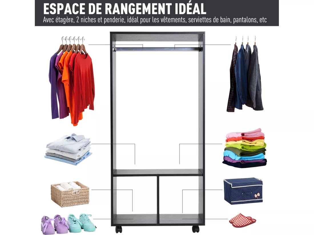 Armoire penderie étagère 2 niches penderie 4 roulettes pivotantes dim. 60L x 40l x 128H cm noir