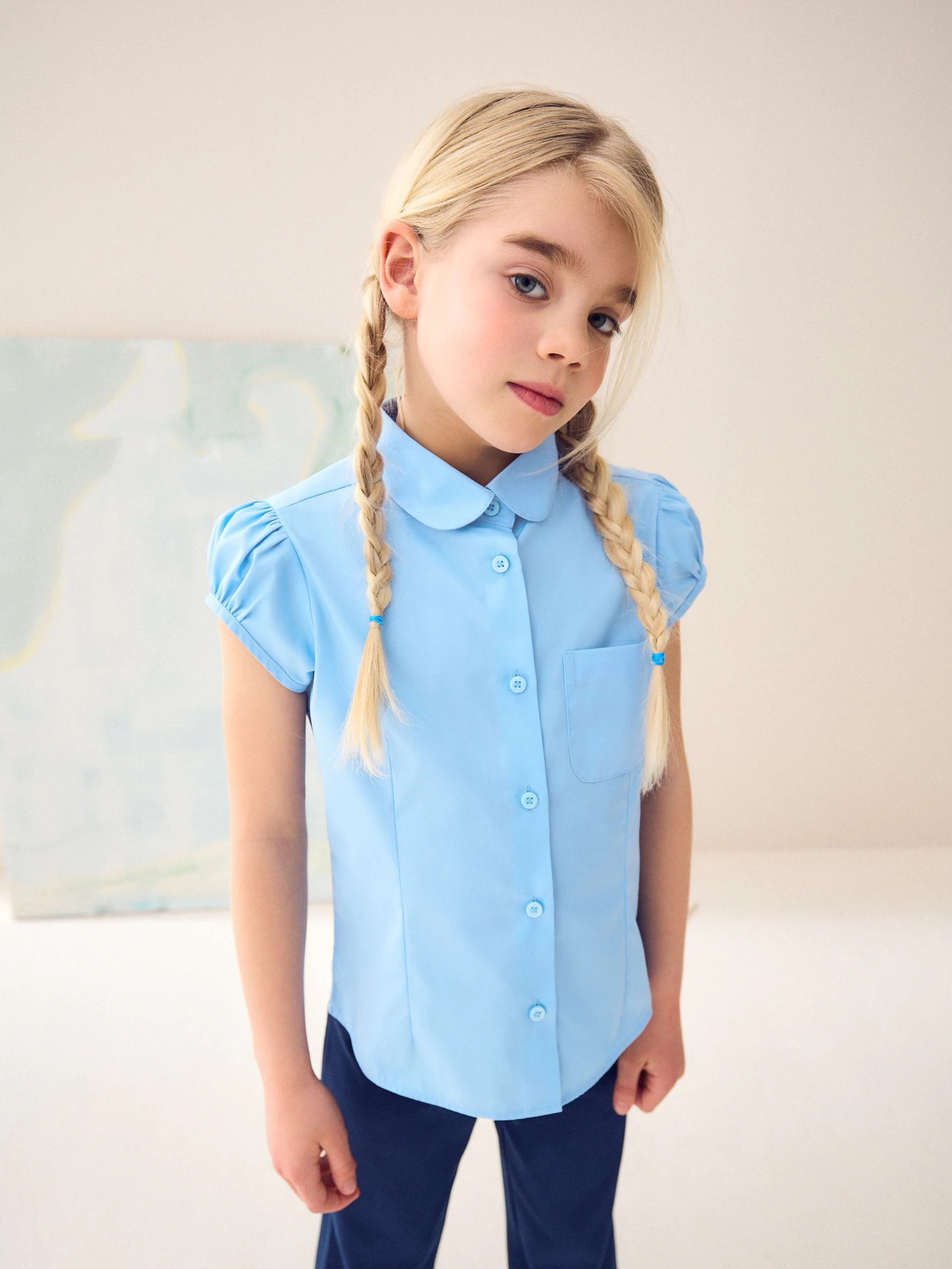 Blauw - Schoolblouse met pofmouwen (3-16 jr)