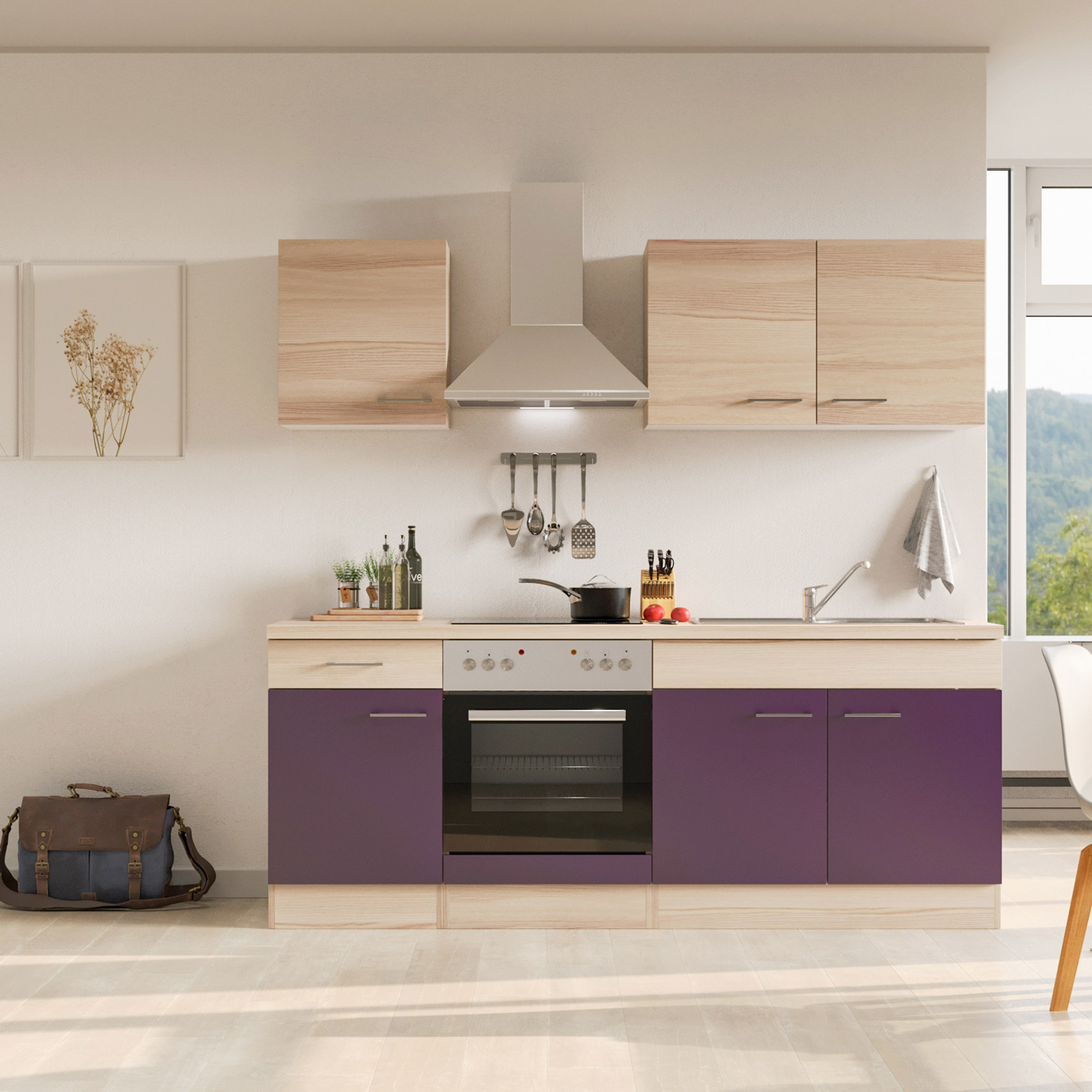 Küchenblock FOCUS - Akazie - aubergine - mit E-Geräten - 210 cm