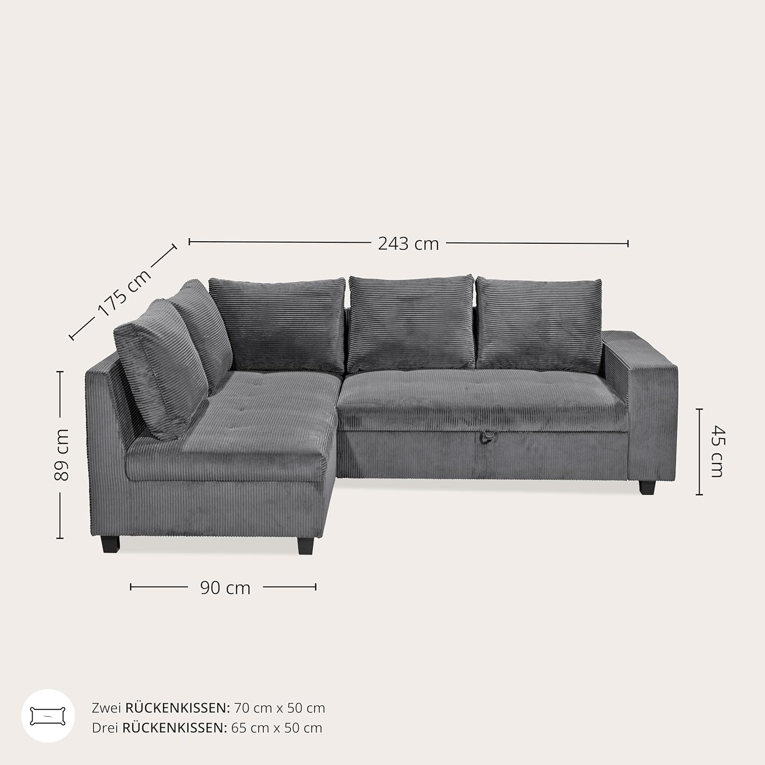 Ecksofa L-Form aus Cordstoff mit Schlaffunktion, dunkelgrau (Ash) – Liegefläche 147 × 207 cm, Breite 243 cm, Sitzhöhe 45 cm, Modell MIRA