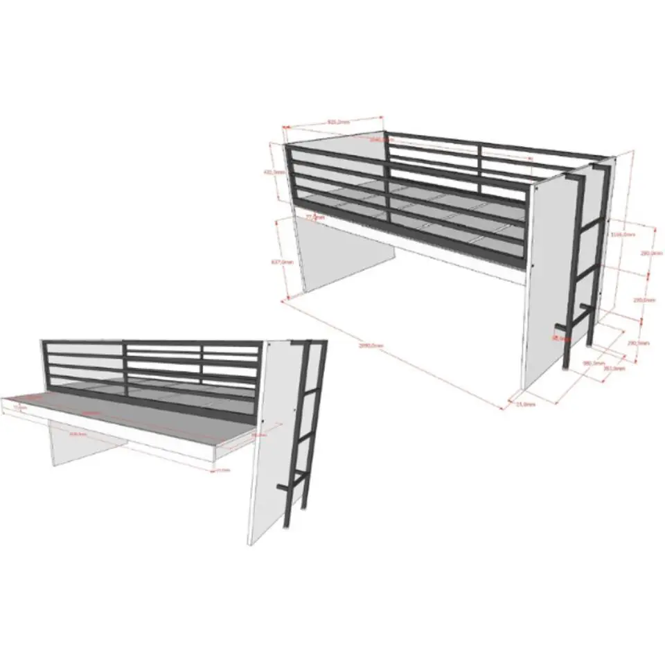 Halfhoogslaper Sammie 90x200cm - met bureau - wit